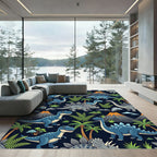 Playful Blue Dinosaur Volcano Tropical Landscape Rug