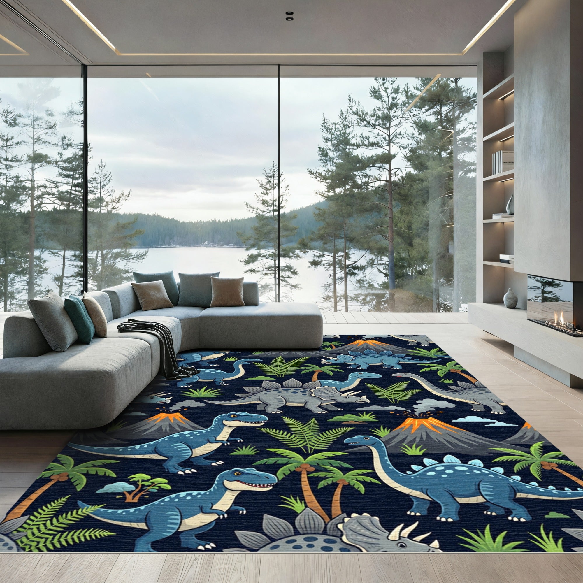 Playful Blue Dinosaur Volcano Tropical Landscape Rug