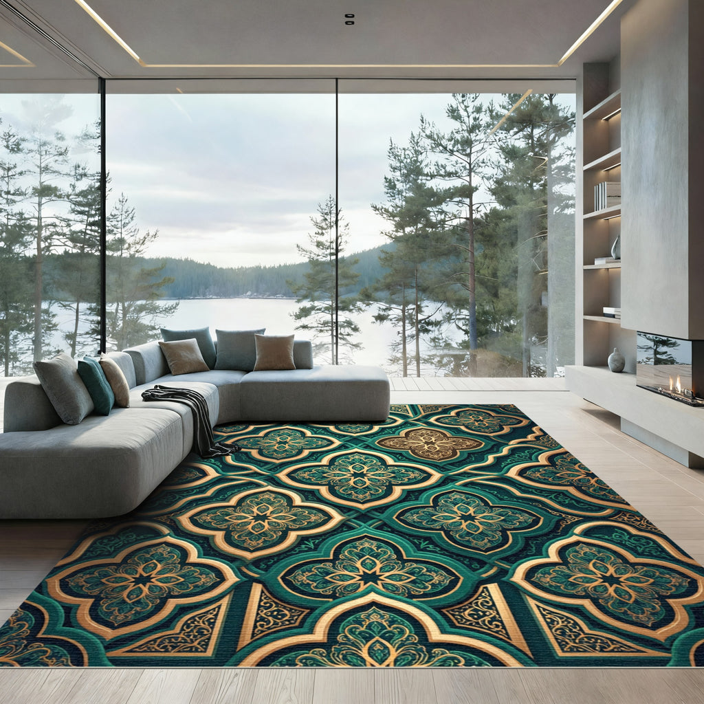 Emerald Gold Ornate Quatrefoil Damask Rug
