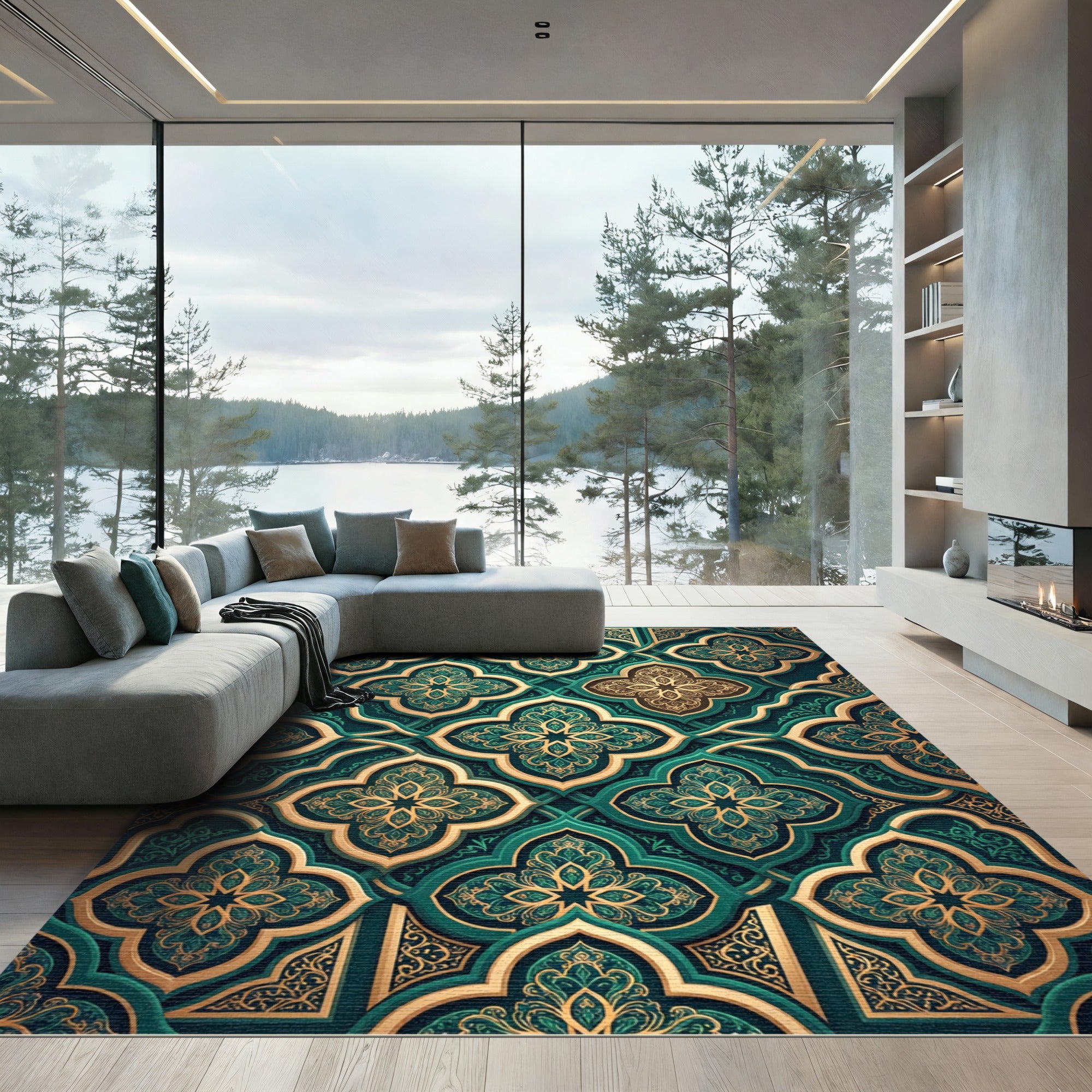 Emerald Gold Ornate Quatrefoil Damask Rug