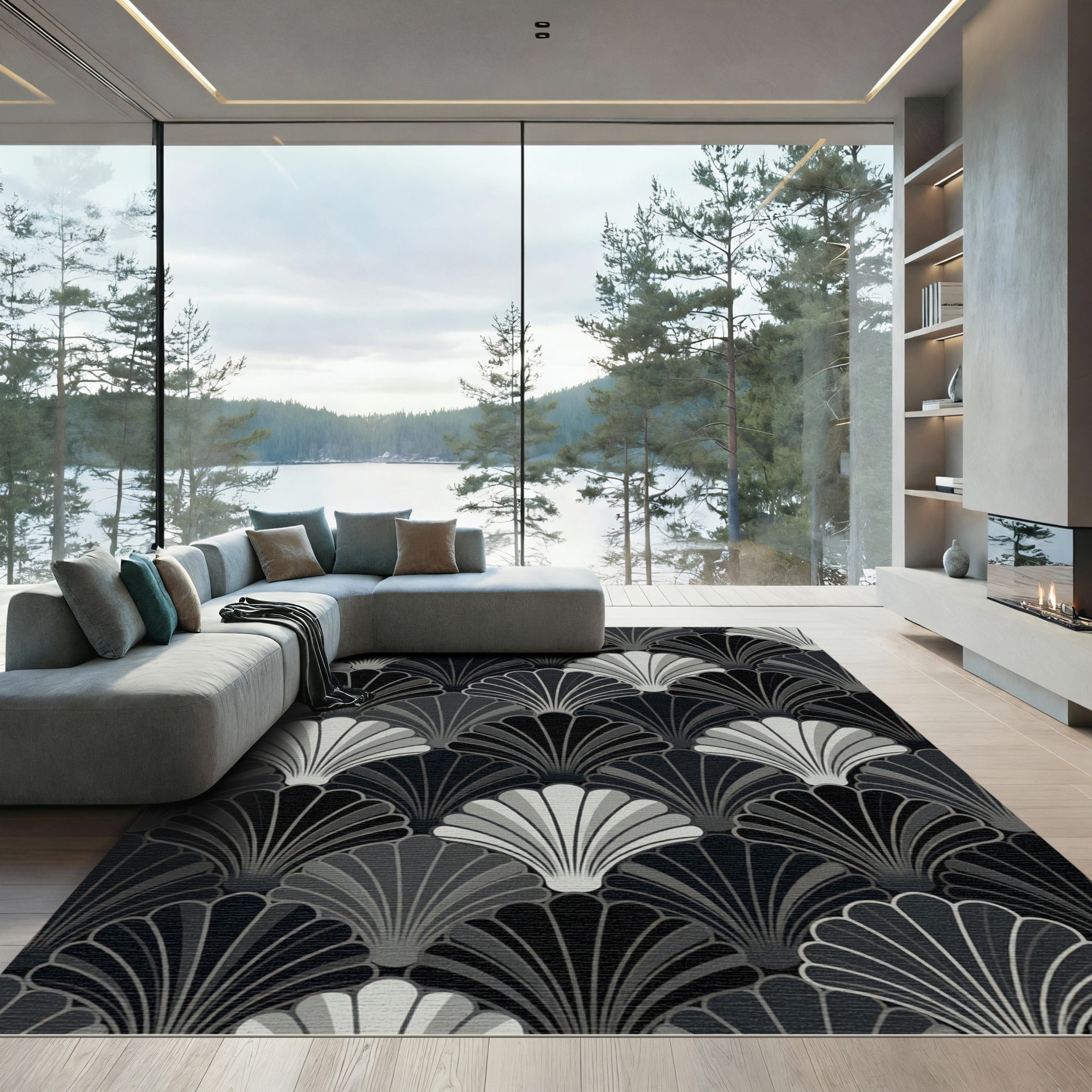 Monochromatic Scale Fan Art Deco Rug