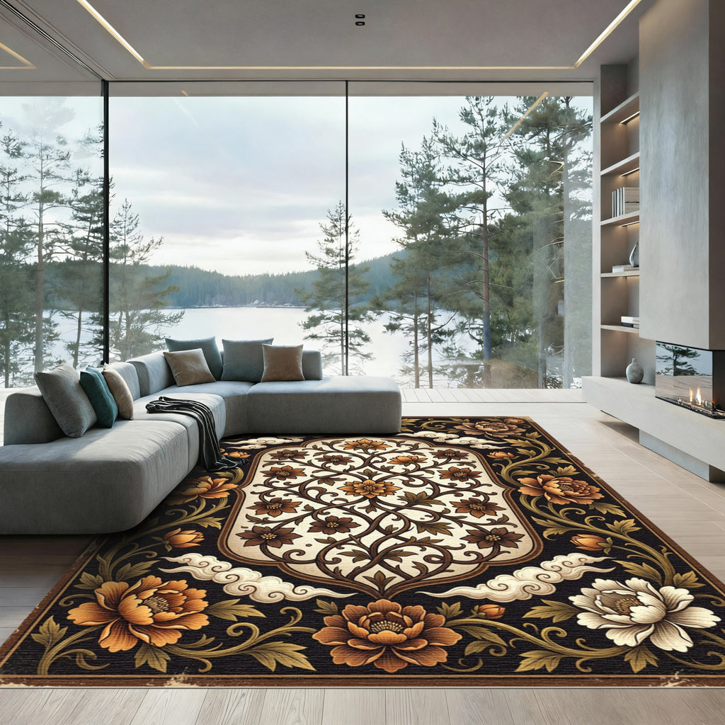 Ornate Golden Floral Scrollwork Rug