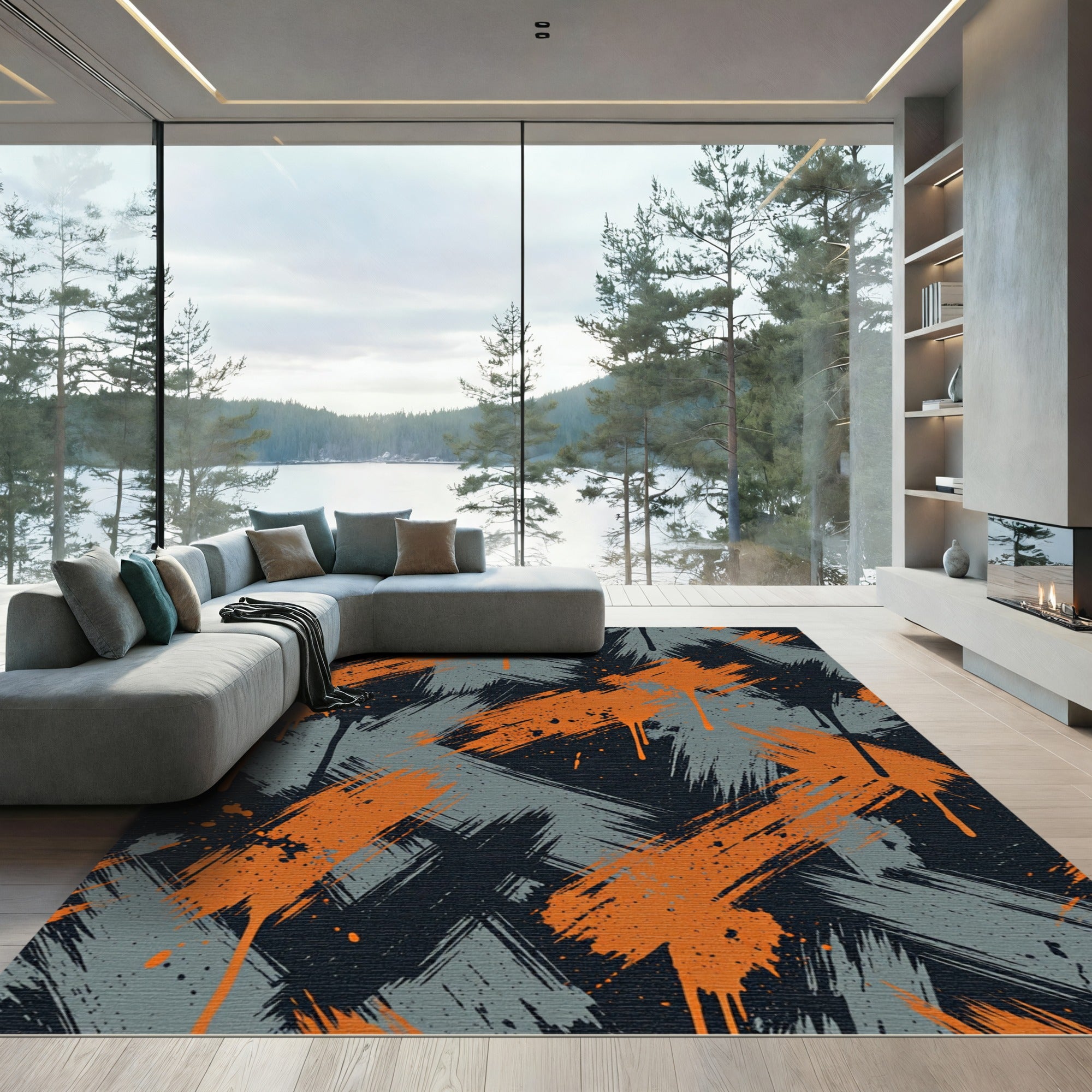 Orange Gray Splattered Brush Strokes Rug