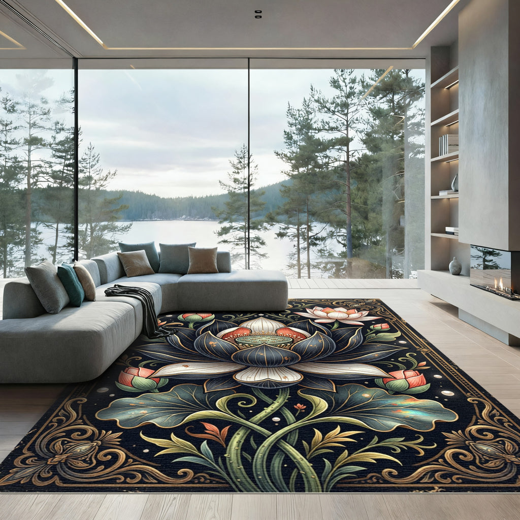 Gilded Black Lotus Botanical Art Rug