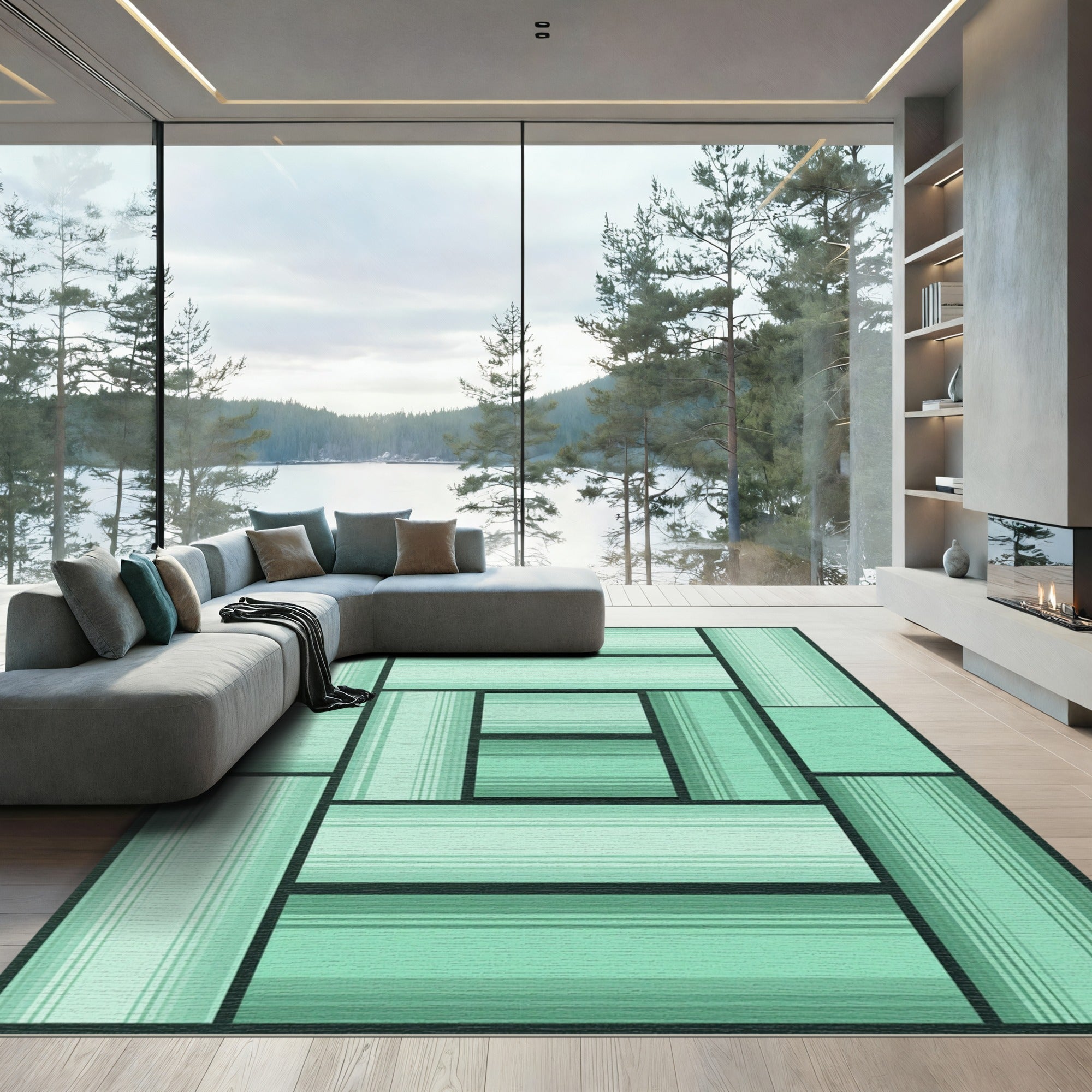 Shaded Teal Stripe Geometric Blocks Rug