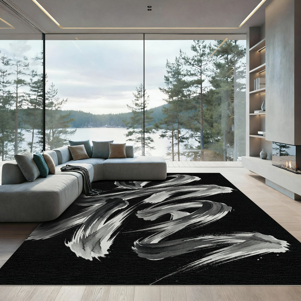 Monochrome Abstract Ink Calligraphy Brushwork Rug