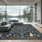 Elegant Navy Blue Floral Feline Medallion Rug