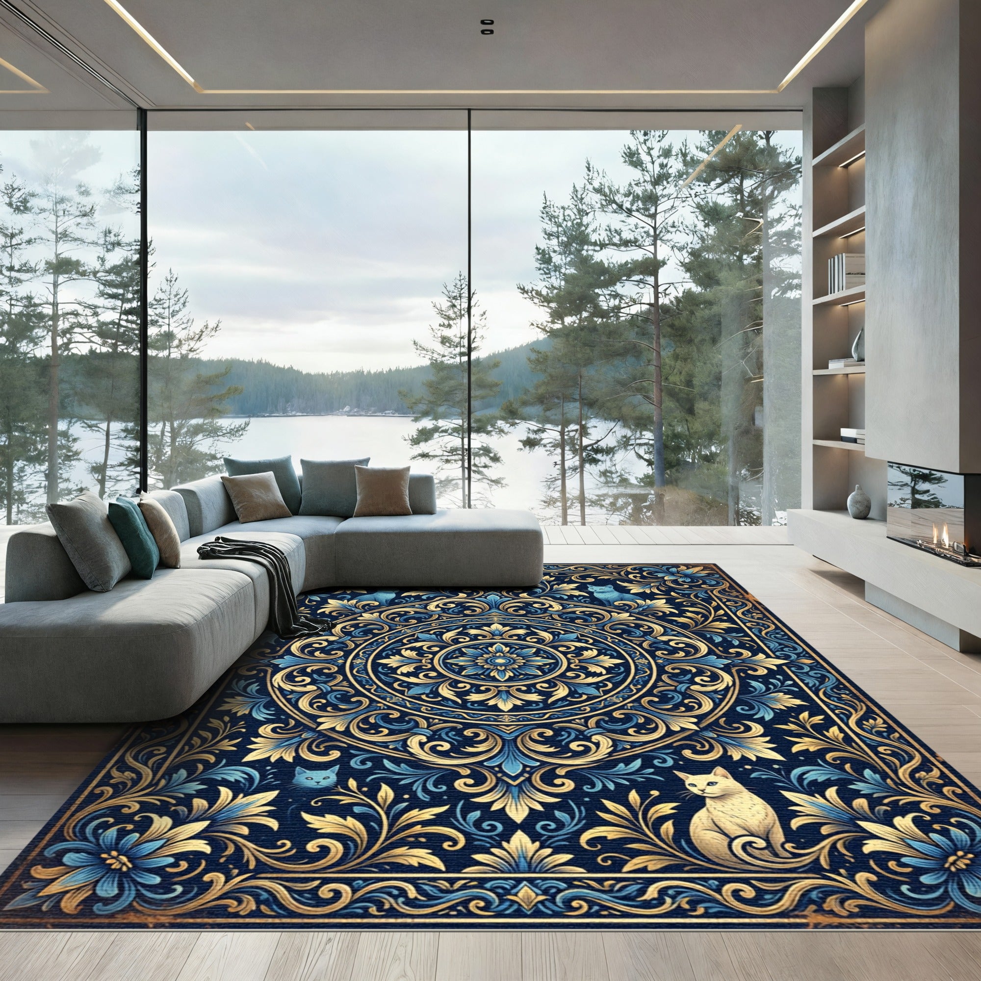 Elegant Navy Blue Floral Feline Medallion Rug