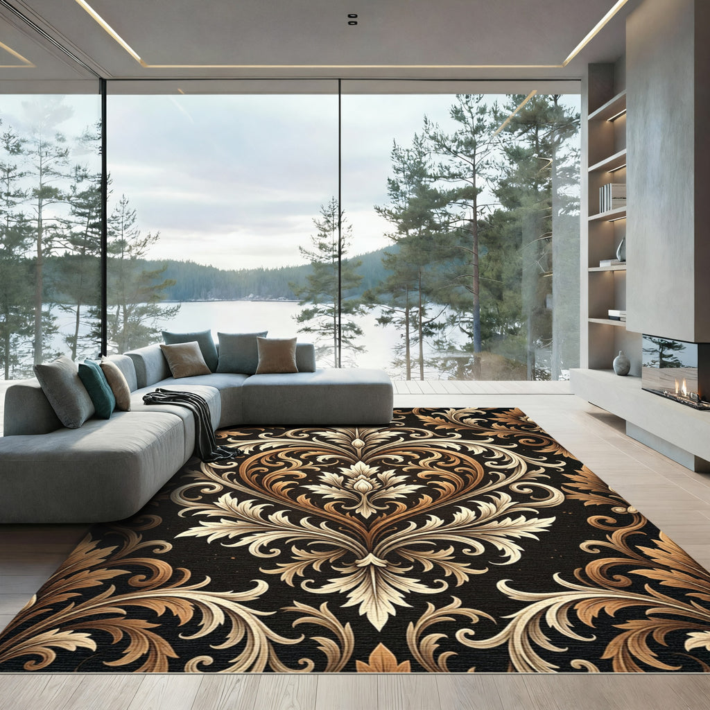 Elegant Gold Baroque Damask Scroll Rug