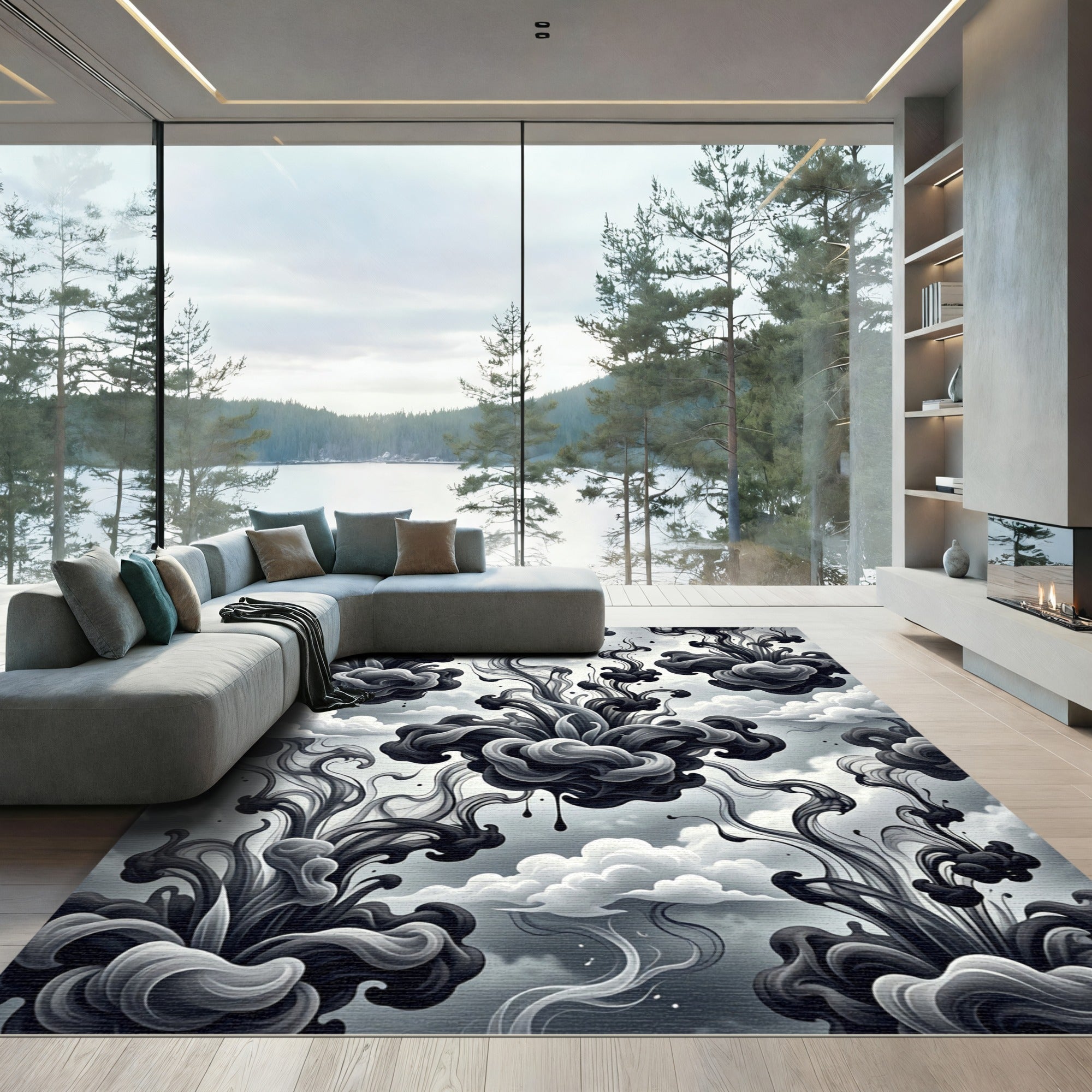 Monochromatic Ink Cloud Swirl Rug