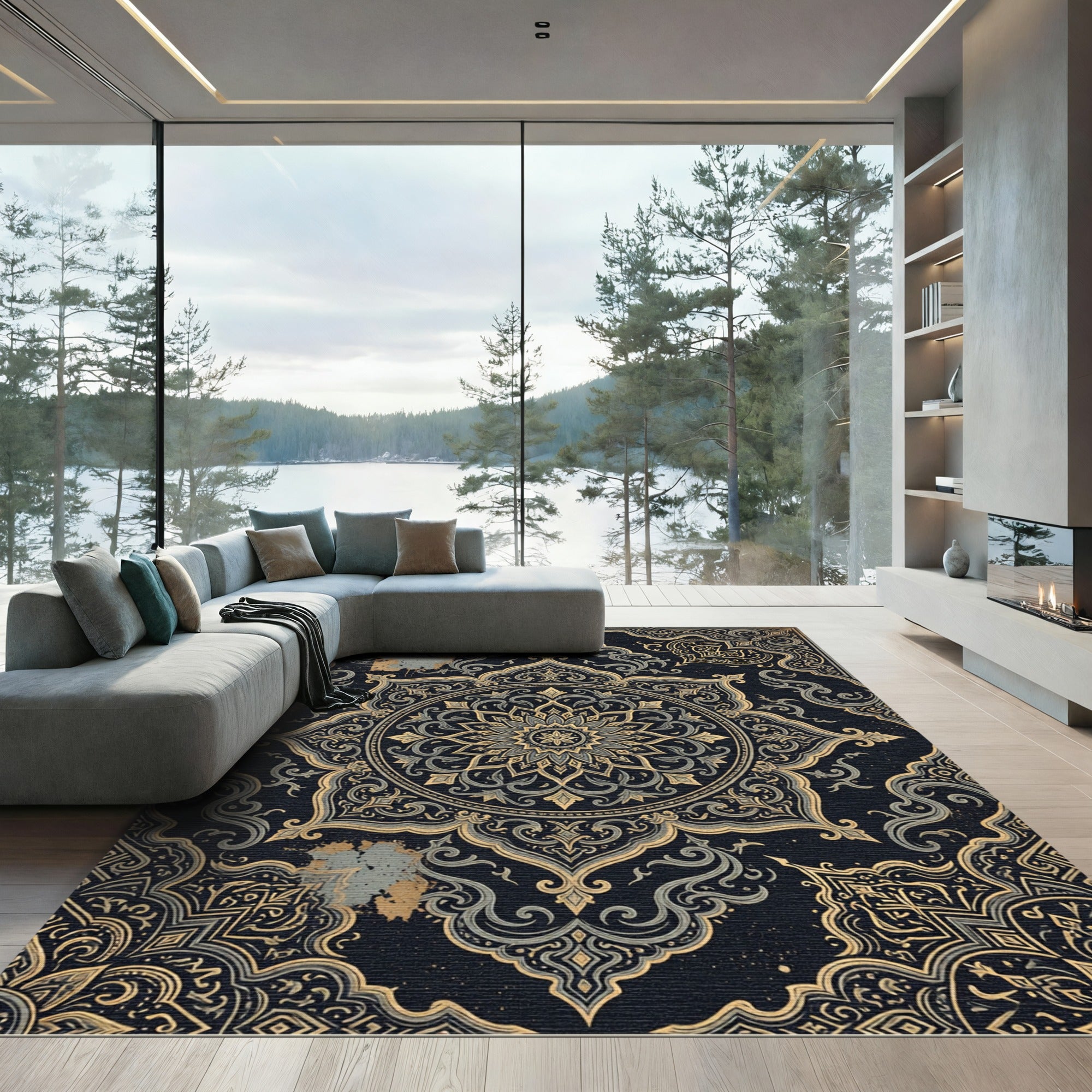 Intricate Golden Mandala Navy Ornate Tapestry Rug