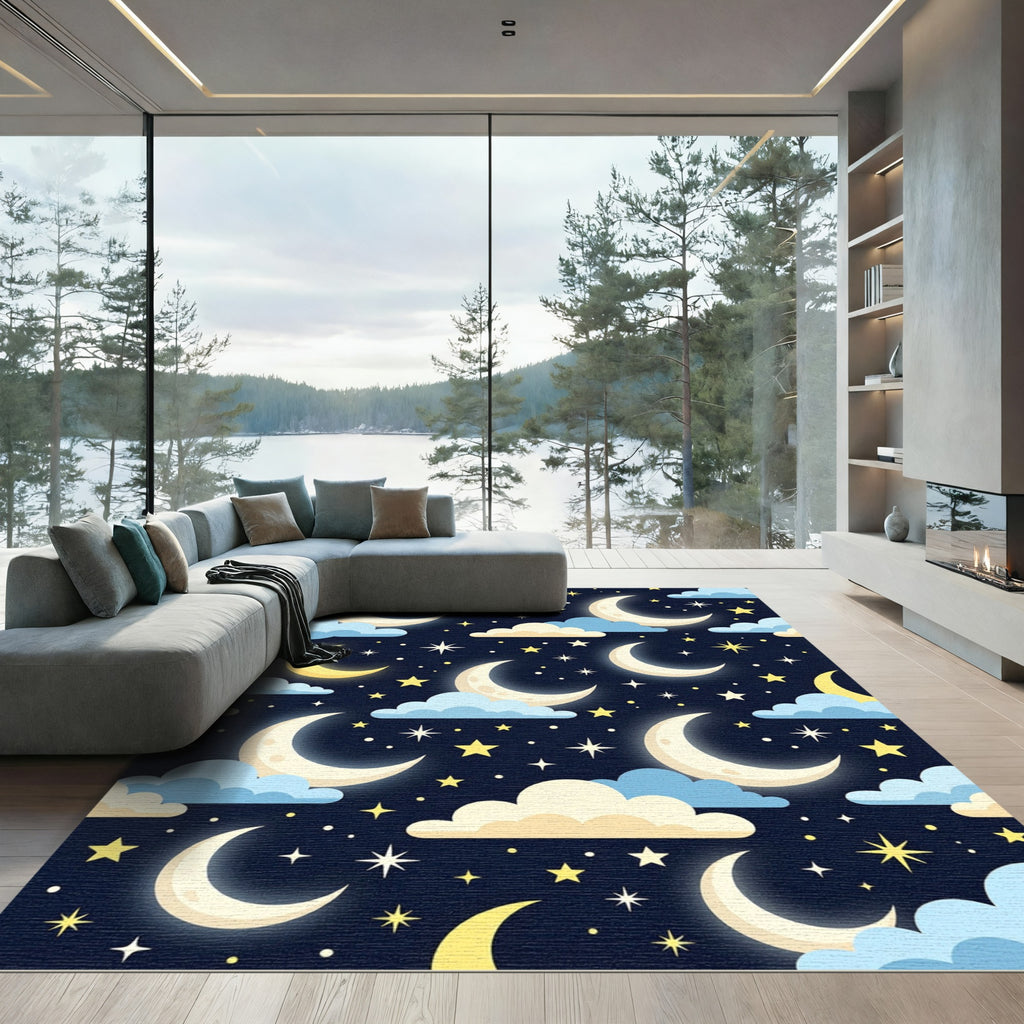Dreamy Crescent Moon and Stars Night Rug