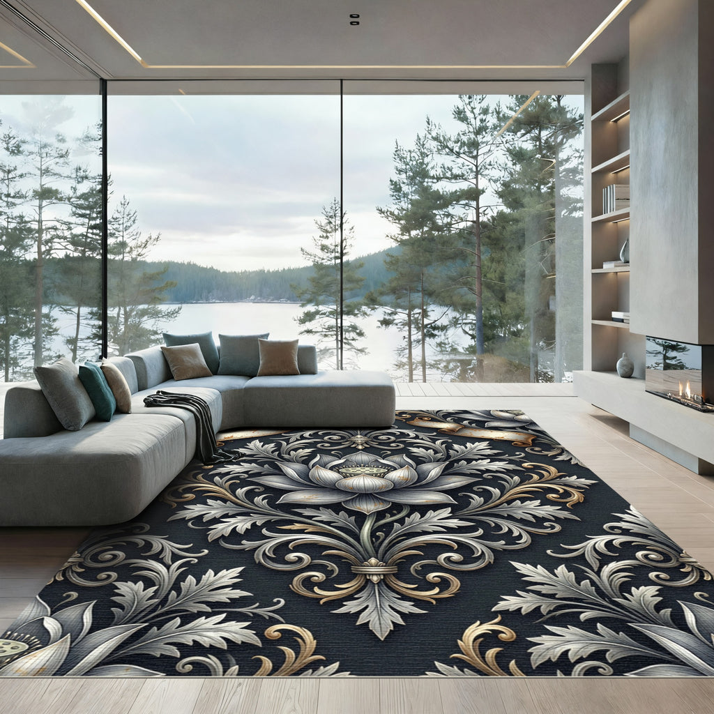 Elegant Silver Lotus Damask Scrollwork Rug