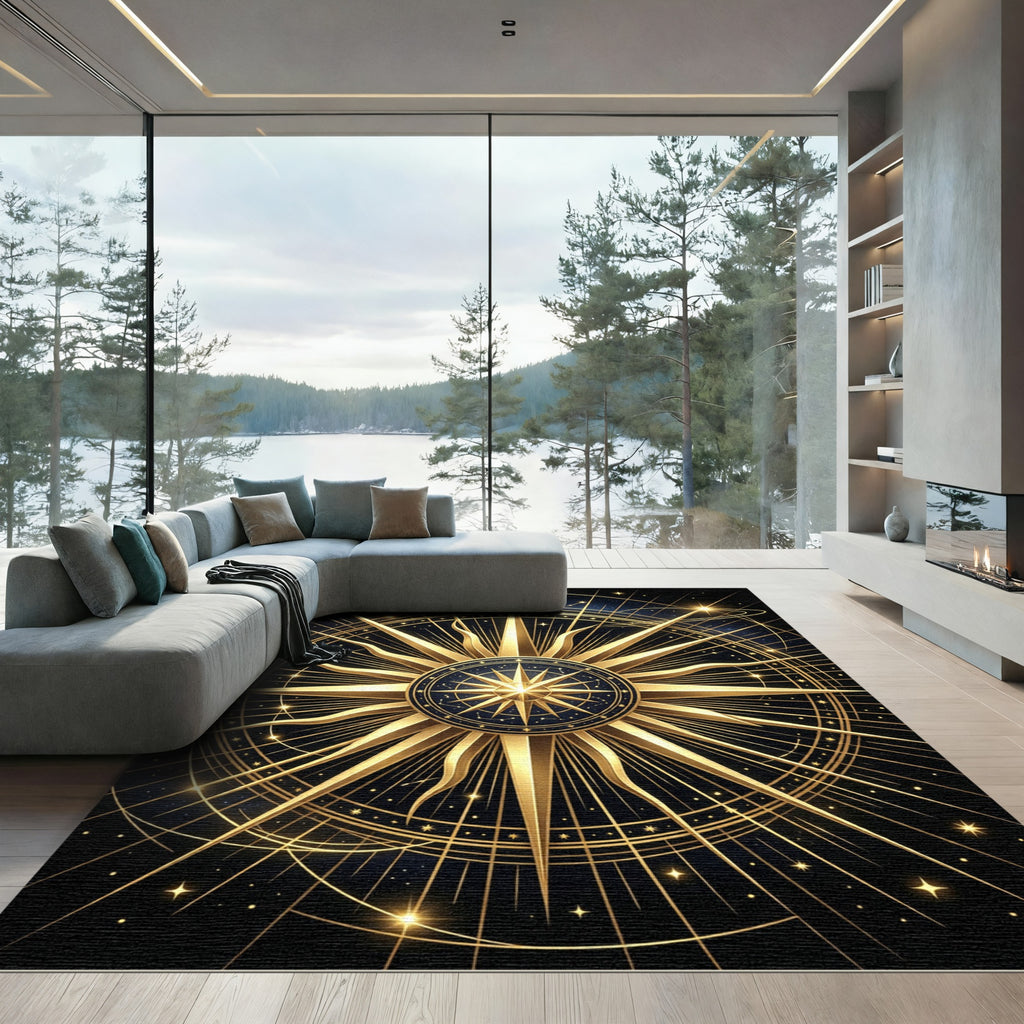 Celestial Golden Starburst Navy Medallion Rug