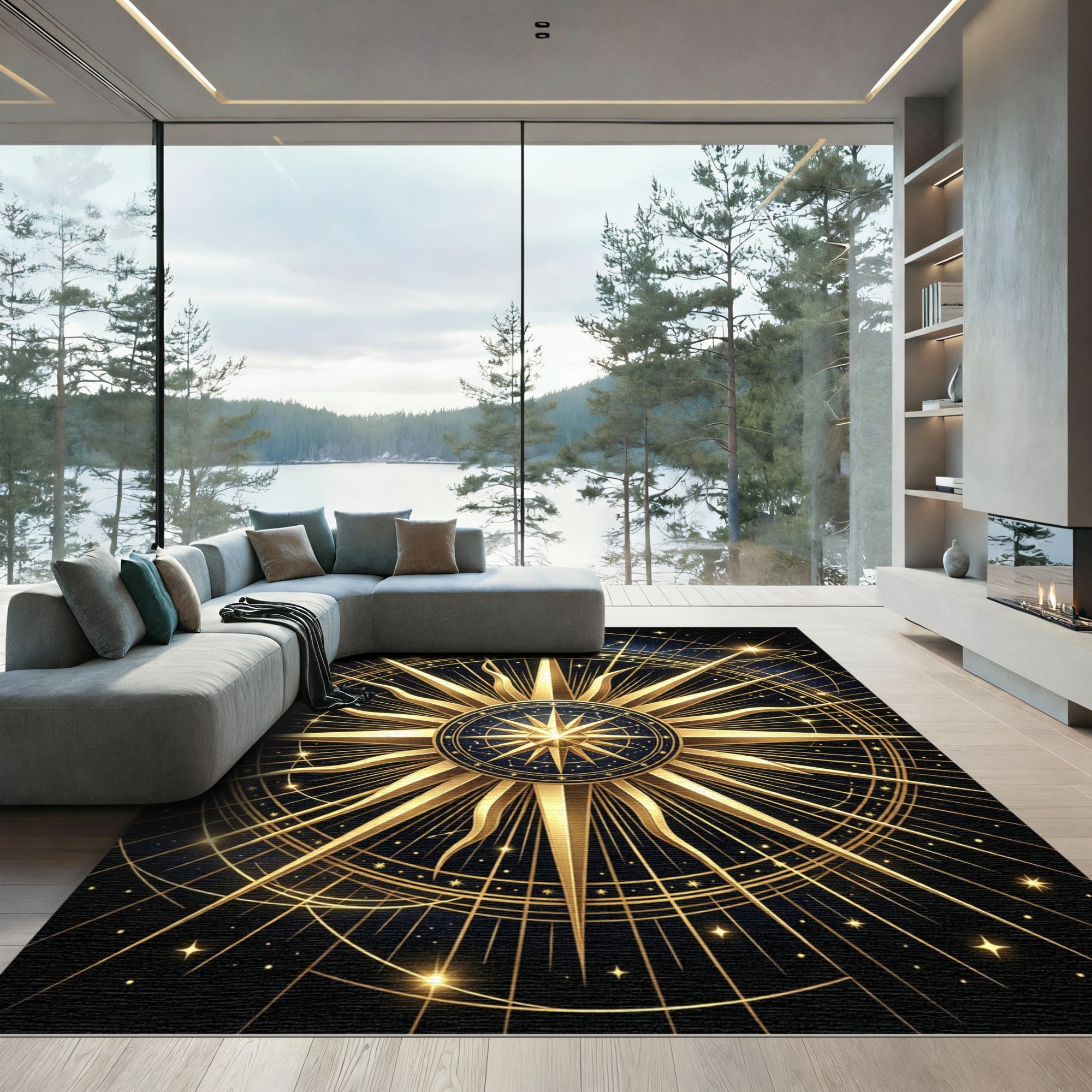 Celestial Golden Starburst Navy Medallion Rug