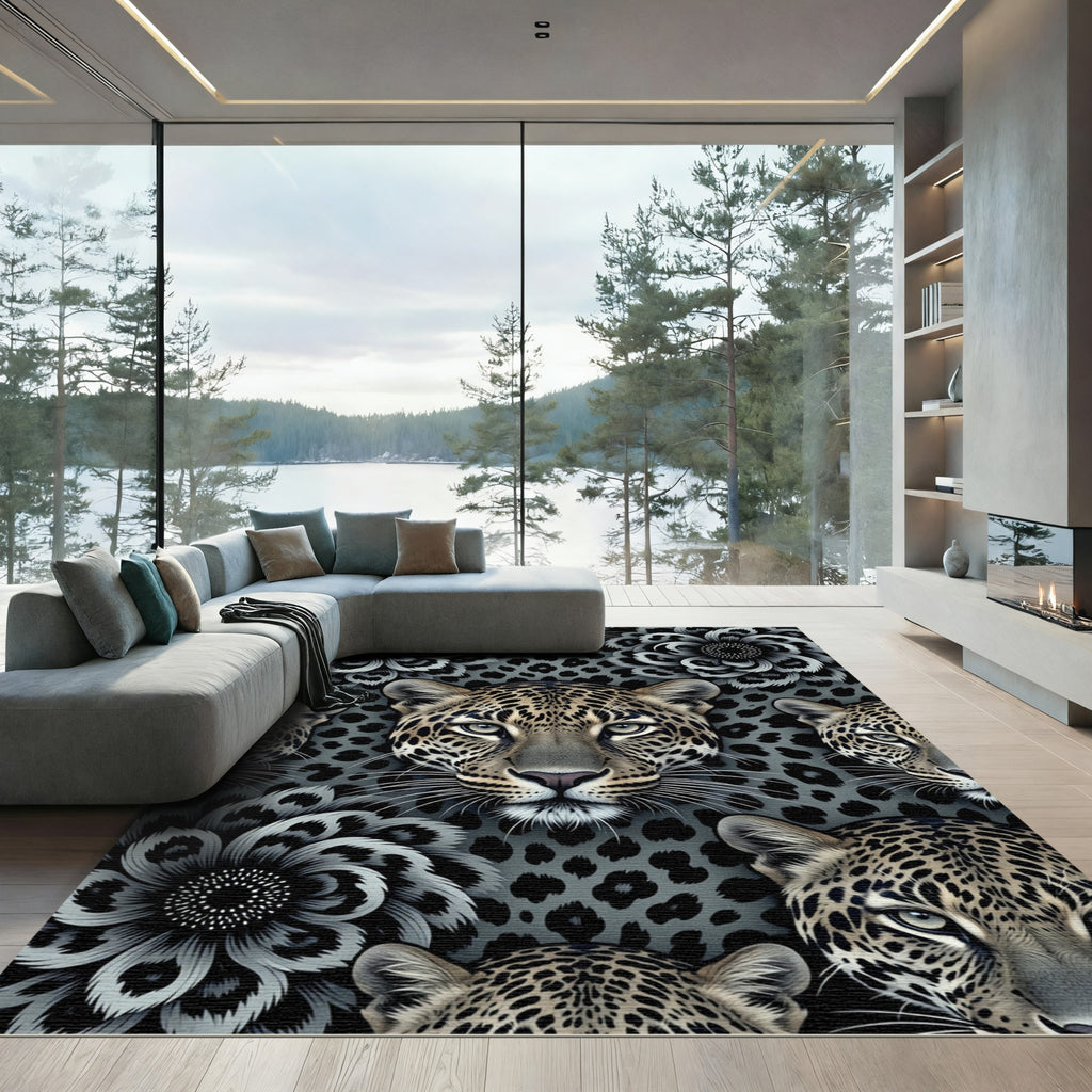 Gray Leopard Flower Collage Rug