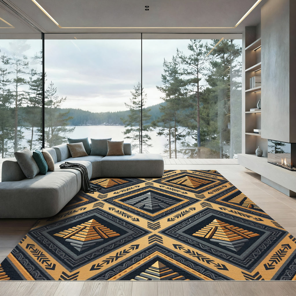 Gold Aztec Mayan Geometric Pyramid Rug
