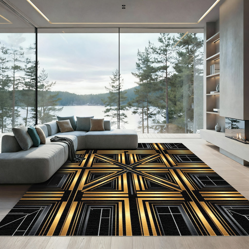 Art Deco Gold Black Geometric Squares Rug