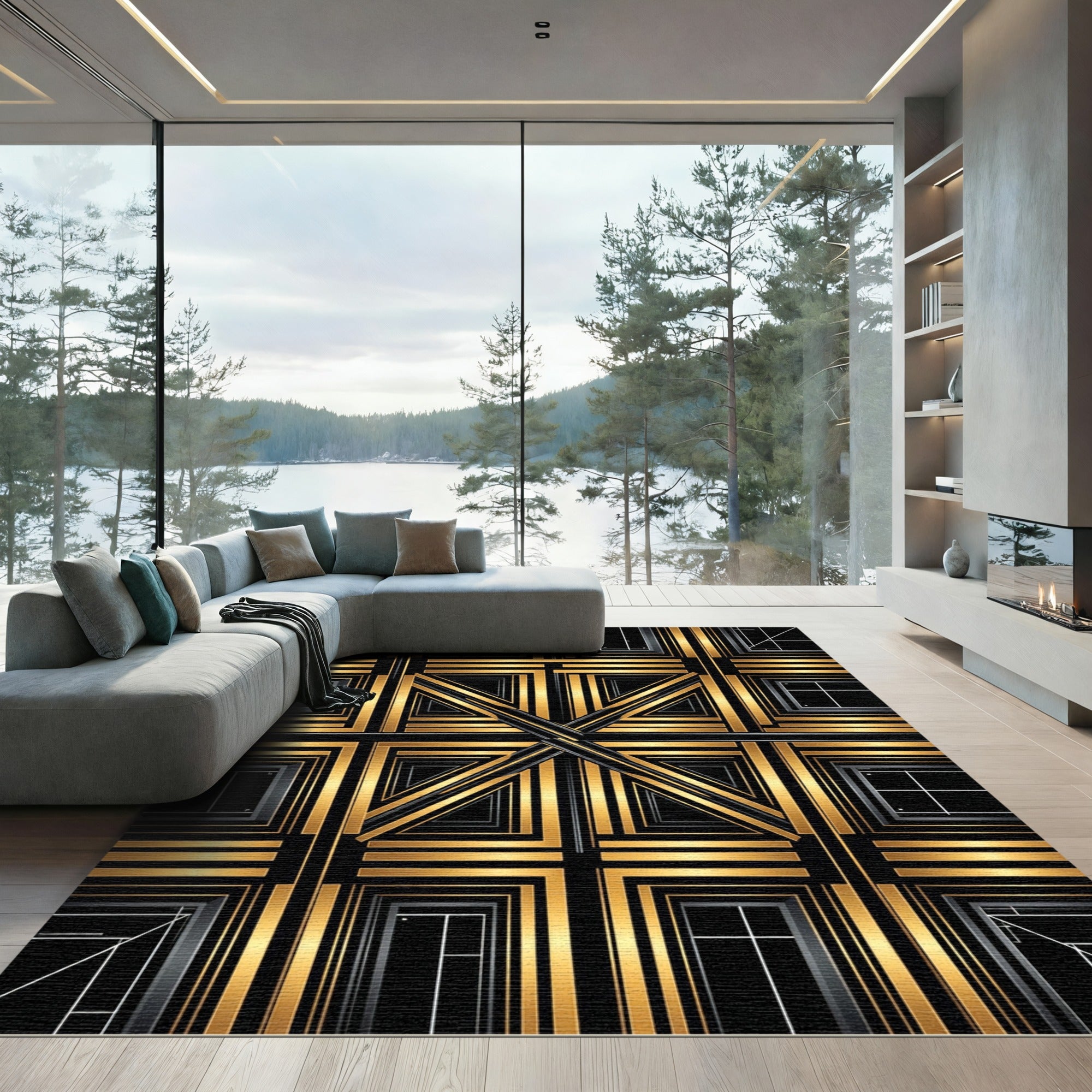 Art Deco Gold Black Geometric Squares Rug
