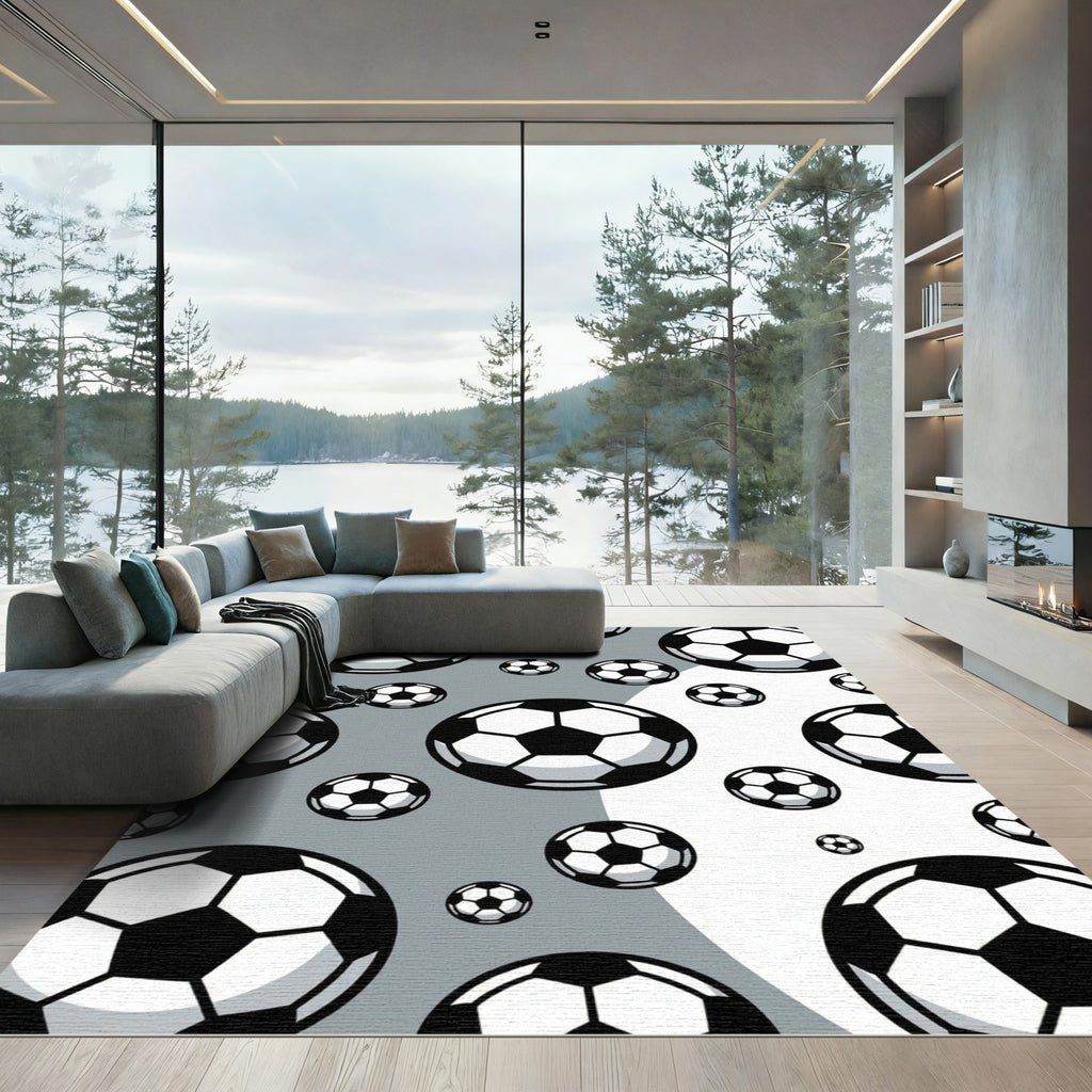 Monochrome Soccer Ball Floating Graphic Rug