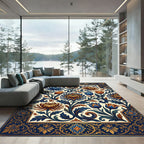 Midnight Blue Golden Floral Tapestry Rug