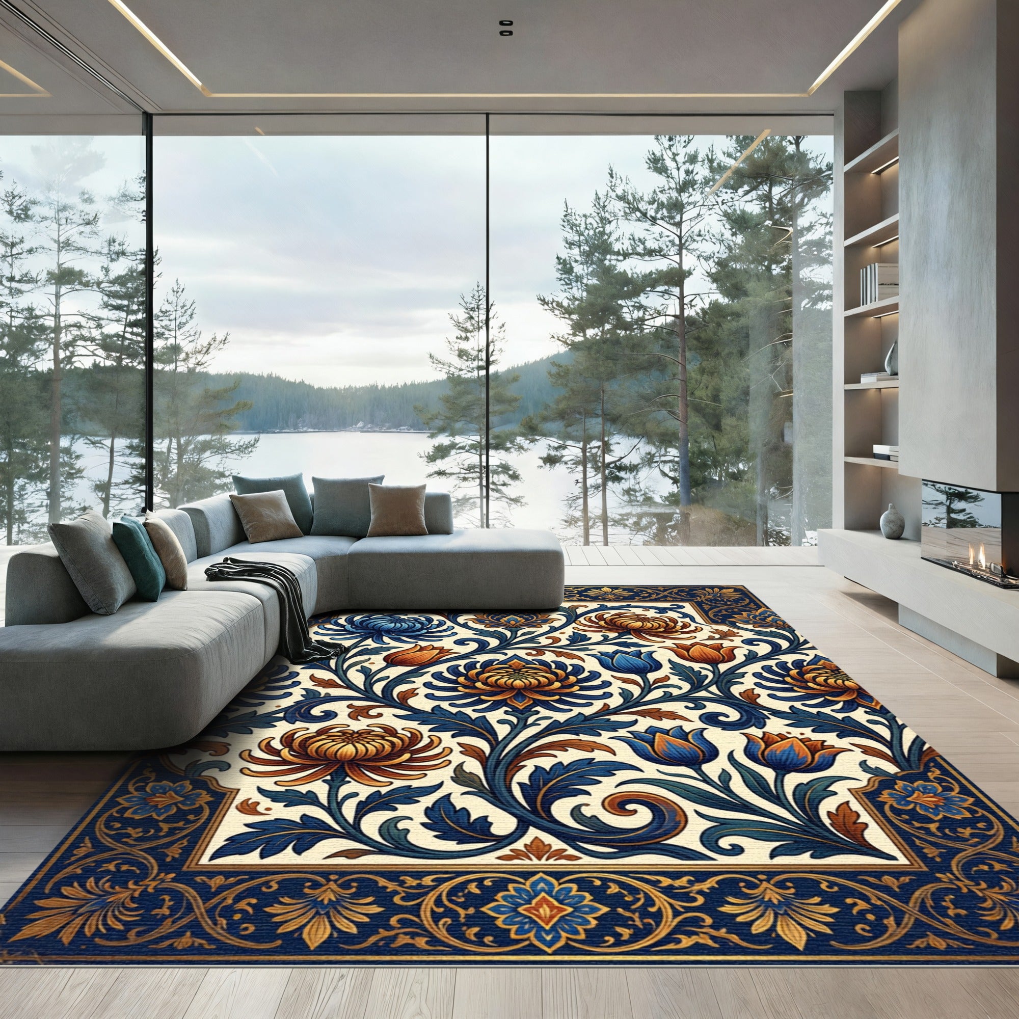 Midnight Blue Golden Floral Tapestry Rug