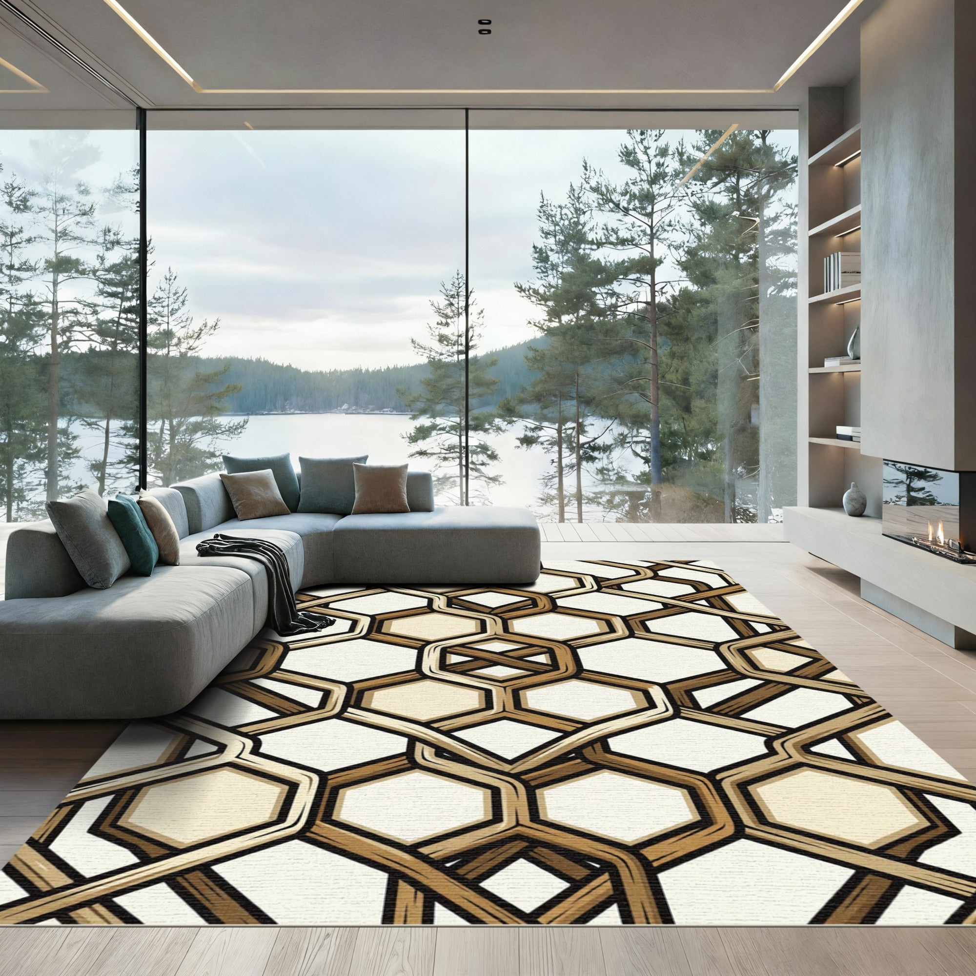 Brown Interlocking Hexagonal Weave Render Rug