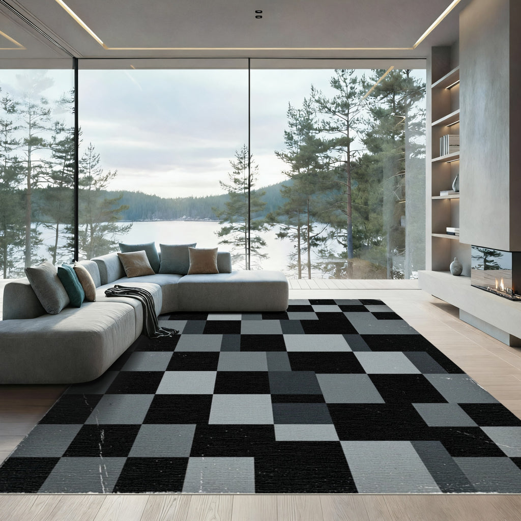 Modern Charcoal Black Pixel Geometric Grid Rug