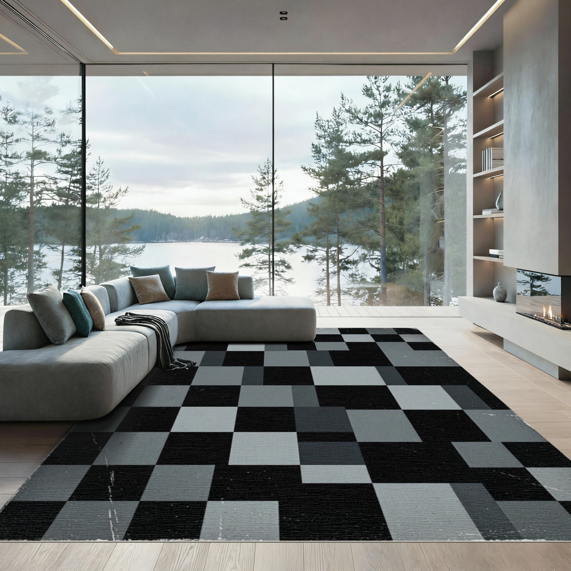 Modern Charcoal Black Pixel Geometric Grid Rug