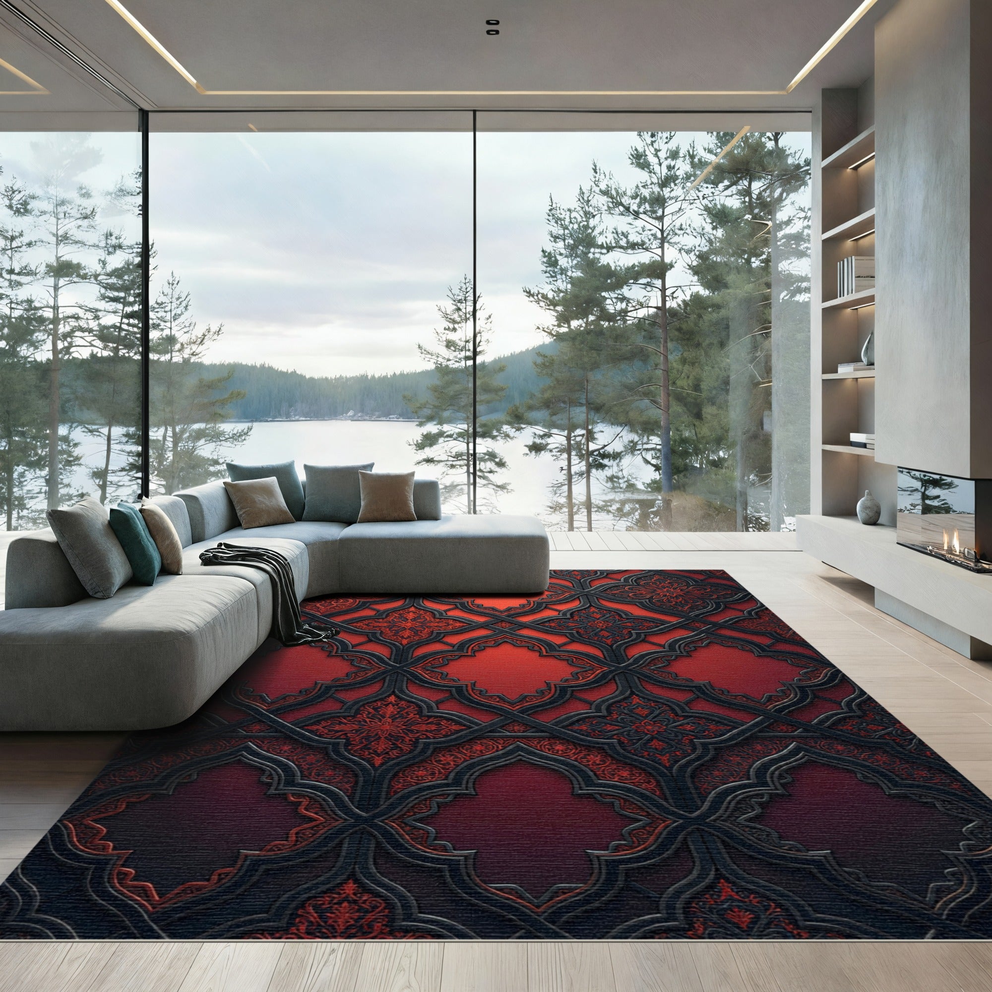 Elegant Crimson Ironwork Quatrefoil Medallion Rug