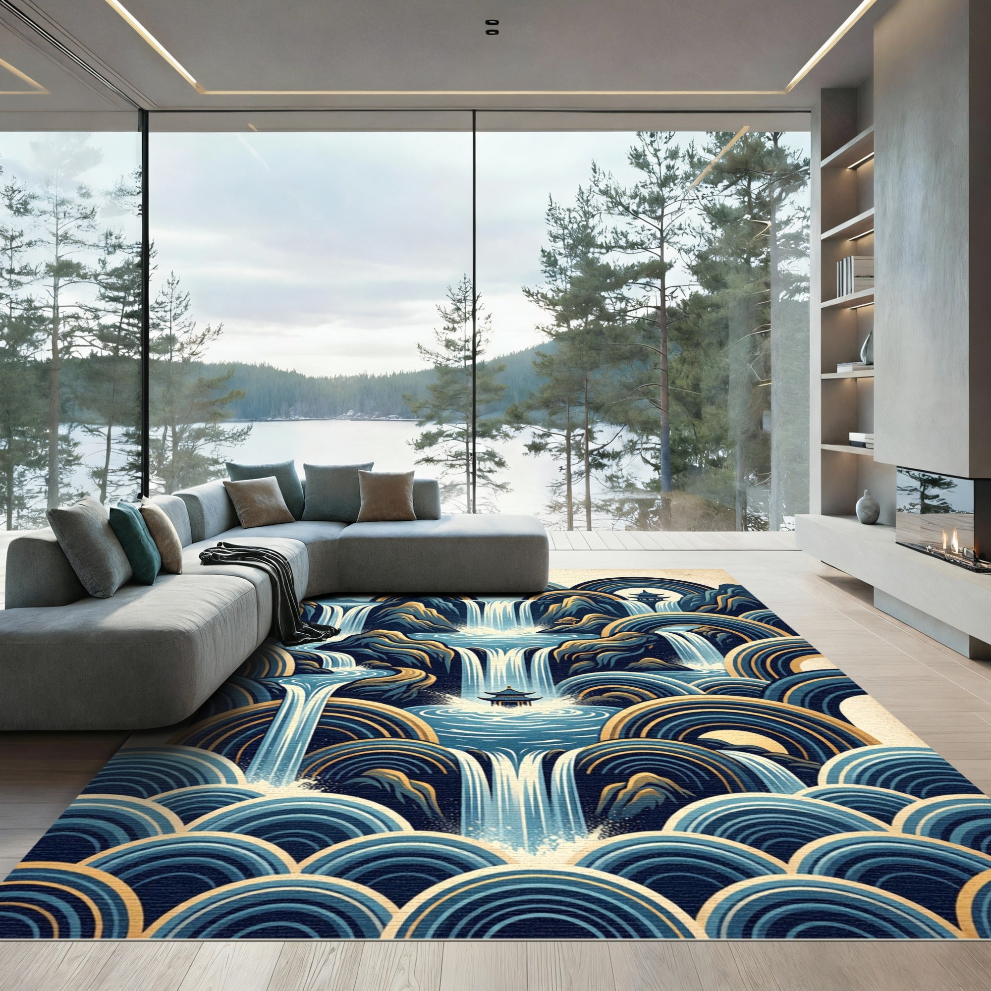 Zen Blue Waterfall Pagoda Geometric Landscape Rug