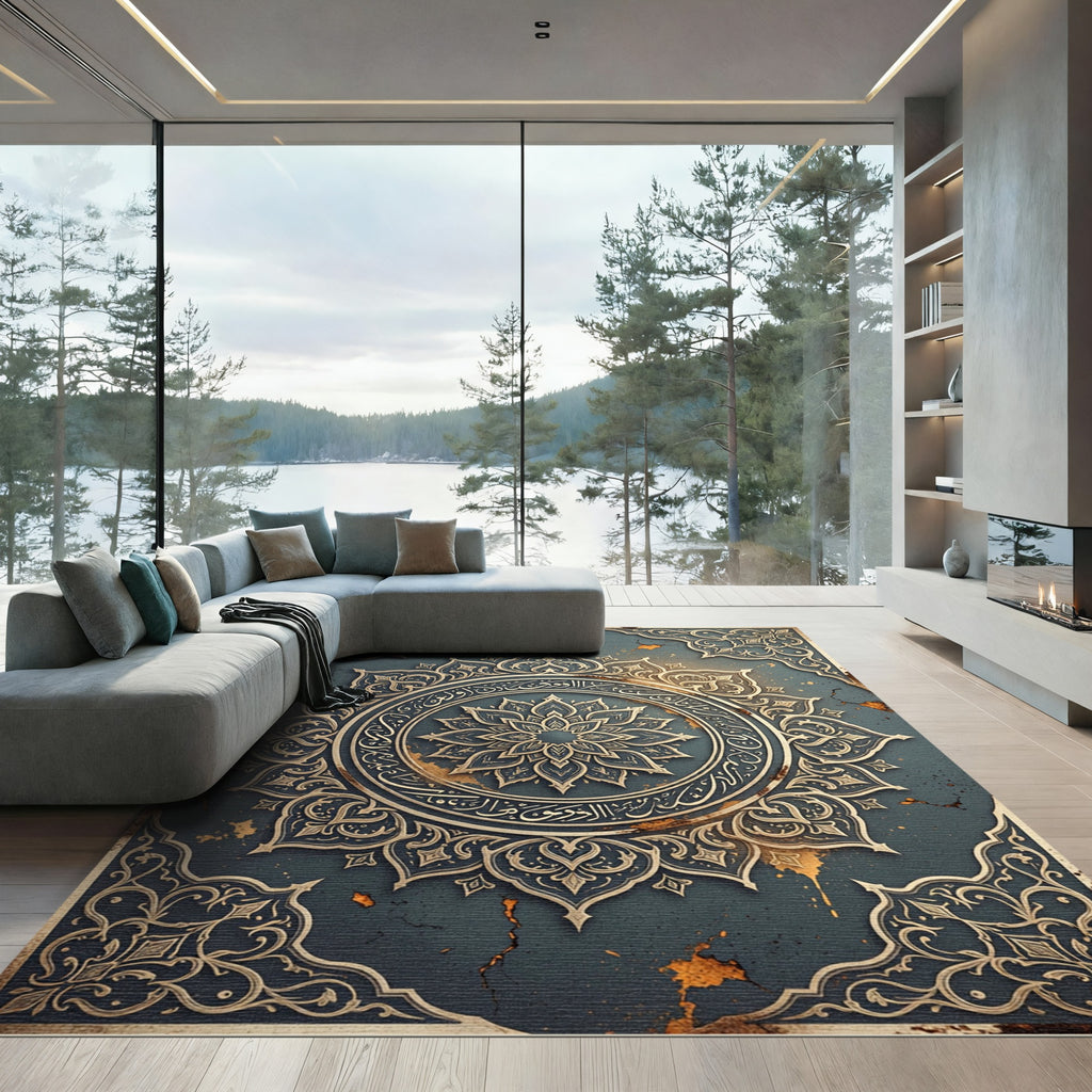 Ornate Teal Arabic Mandala Medallion Rug