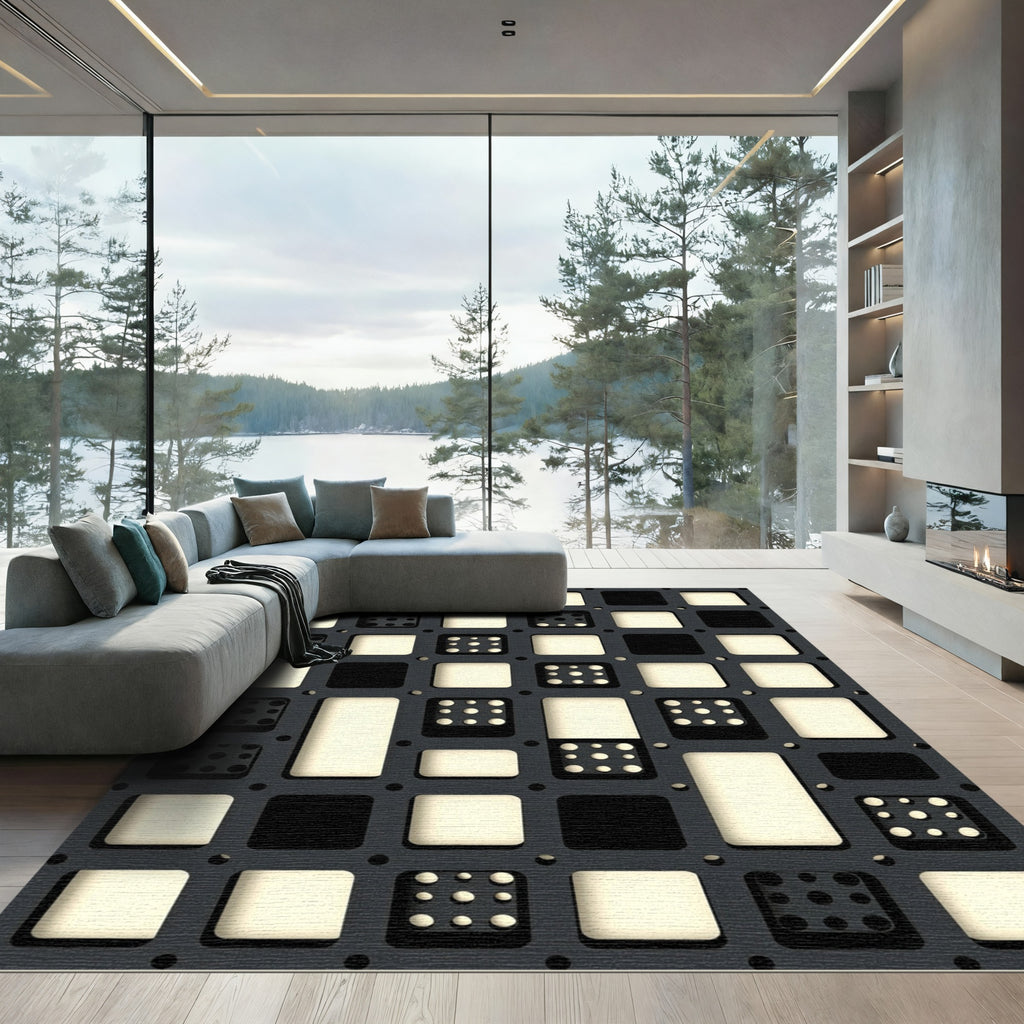 Minimalist Monochrome Geometric Grid Block Rug