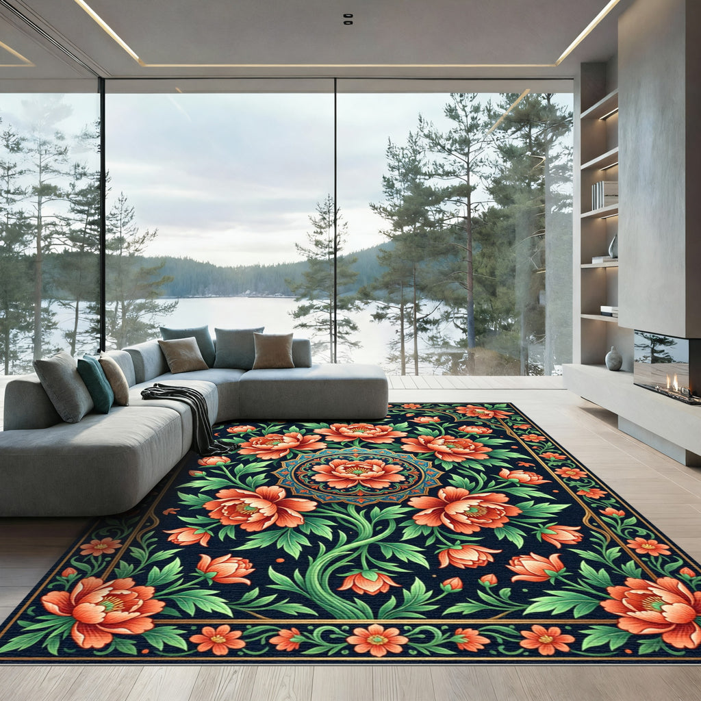 Peony Floral Medallion Ink Blue Rug