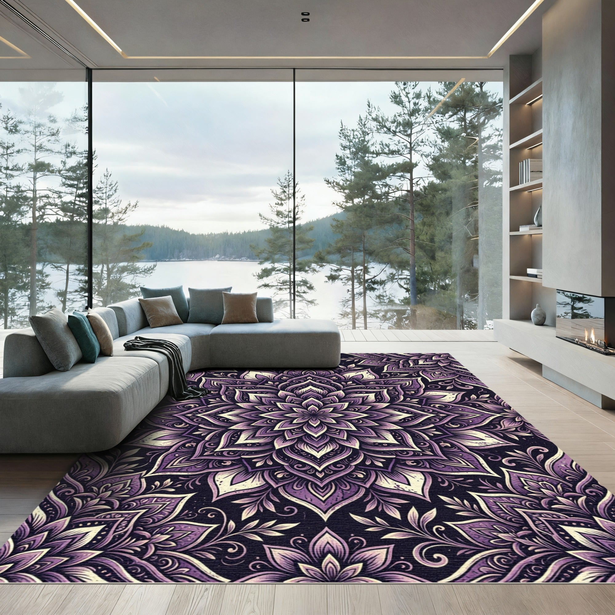 Elegant Deep Purple Floral Mandala Rug