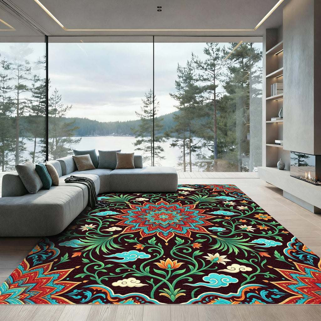 Vibrant Crimson Floral Medallion Cloud Art Rug