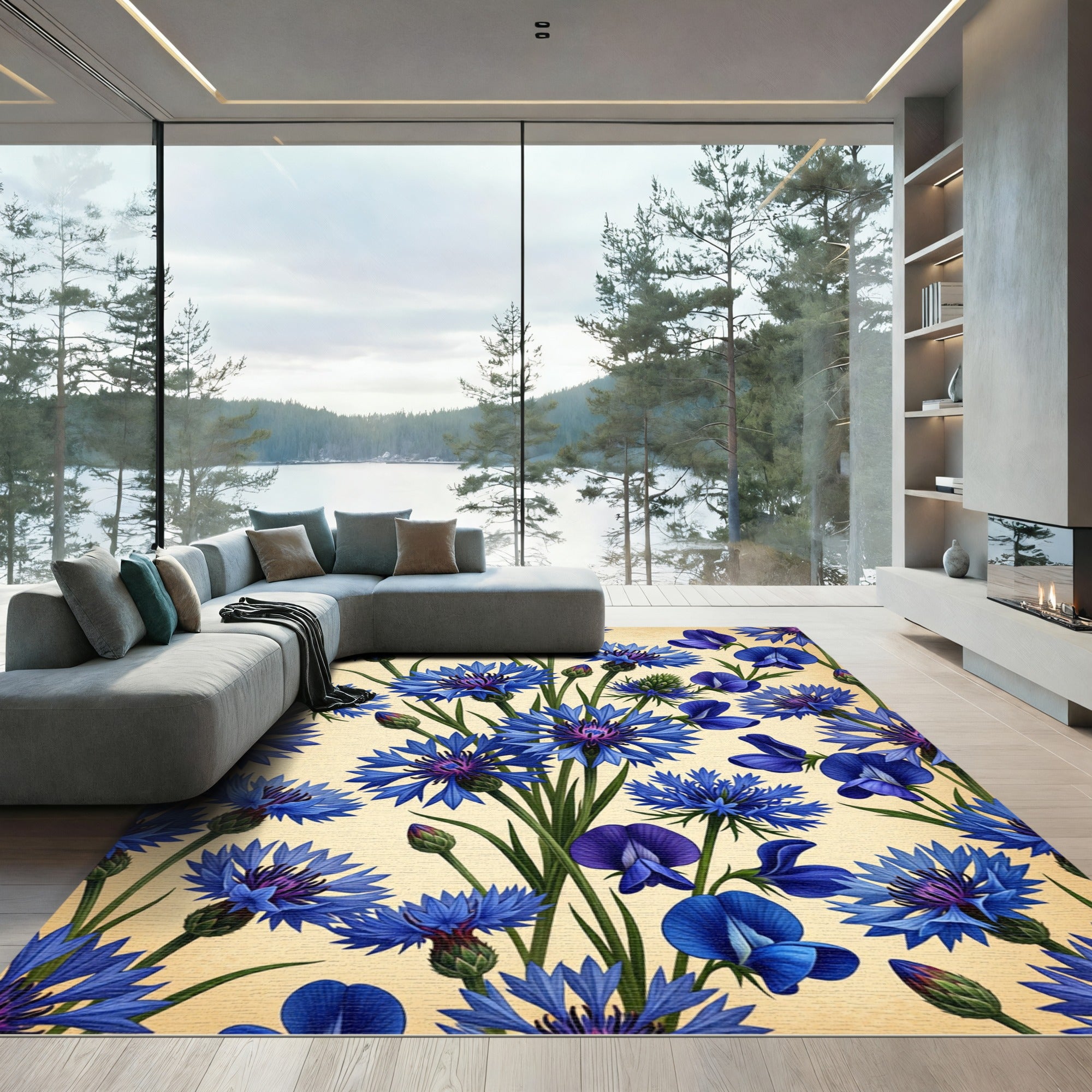 Blue Cornflower Blooms Botanical Scene Rug