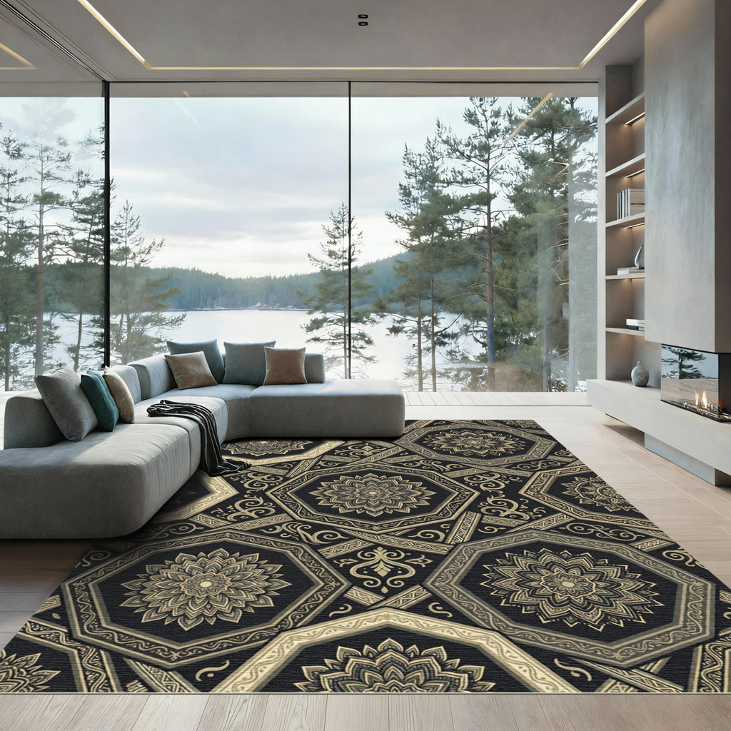 Sophisticated Gold Black Octagon Mandala Rug