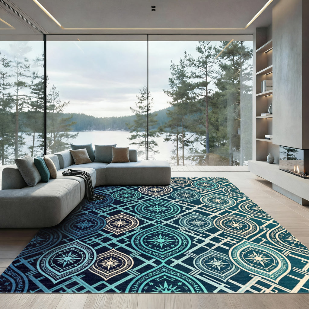 Celestial Teal Geometric Star Medallion Rug