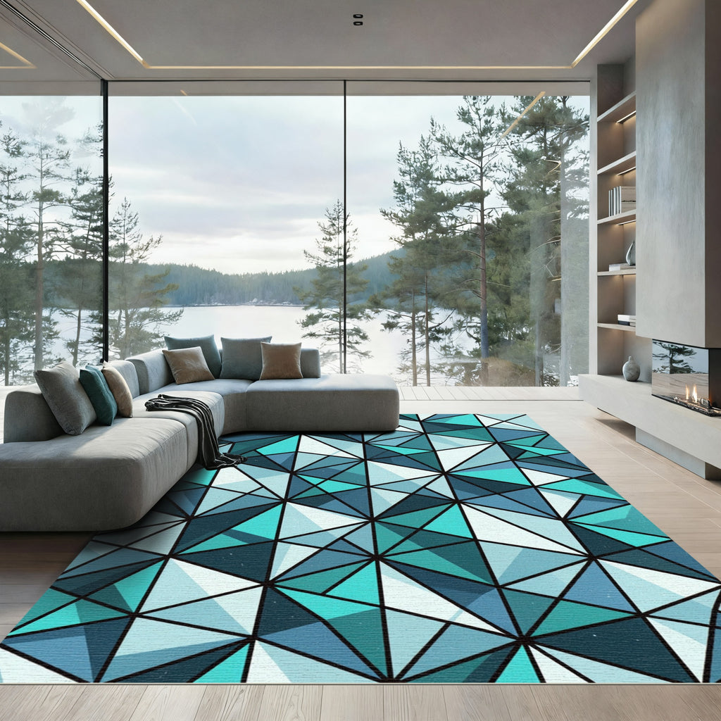 Teal Blue Geometric Faceted Shard Rug