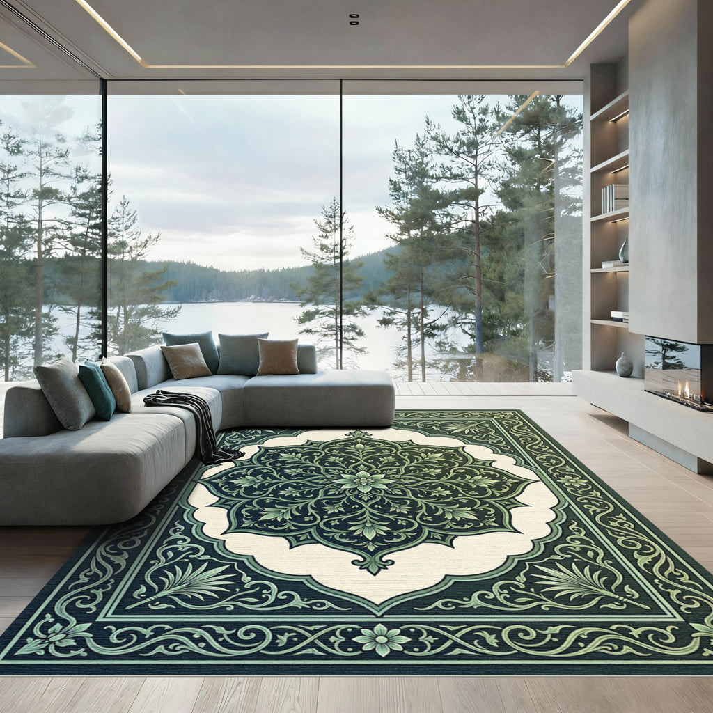 Deep Emerald Floral Mandala Border Rug
