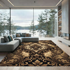 Ornate Brown Golden Damask Swirls Rug