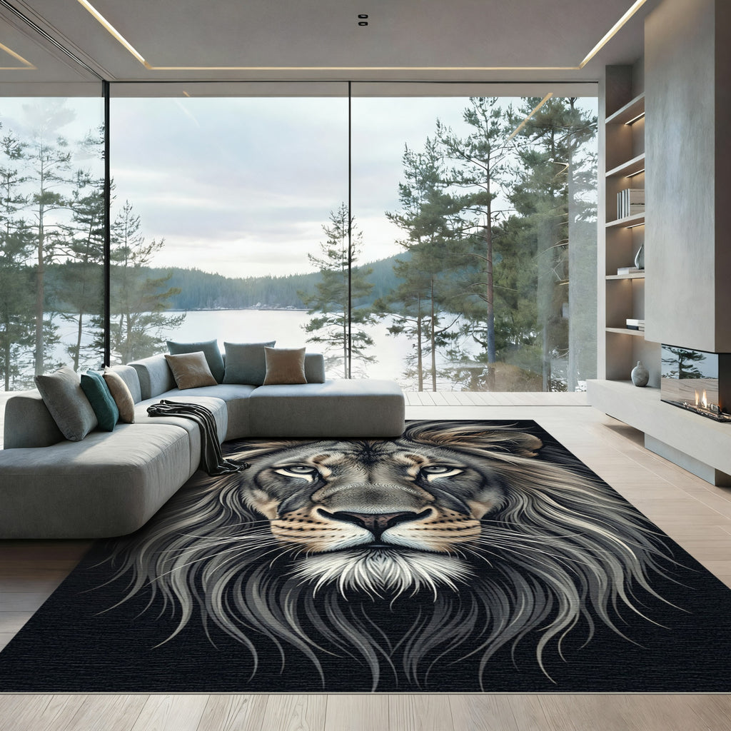 Majestic Silver Lion Portrait Rug