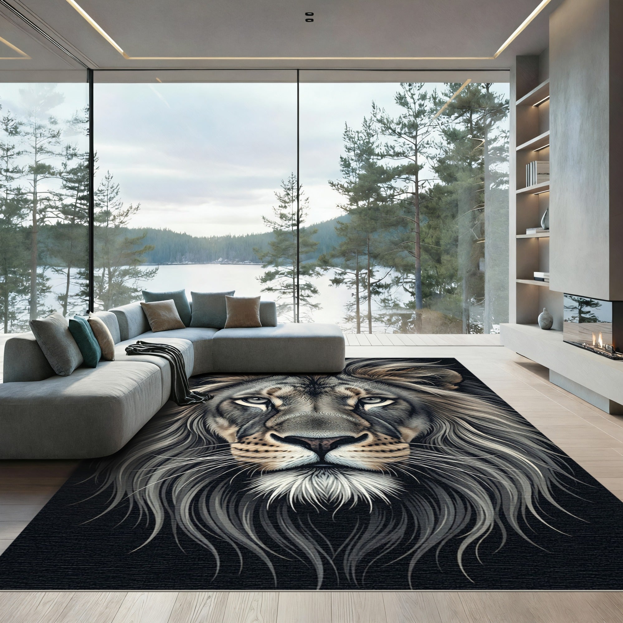 Majestic Silver Lion Portrait Rug