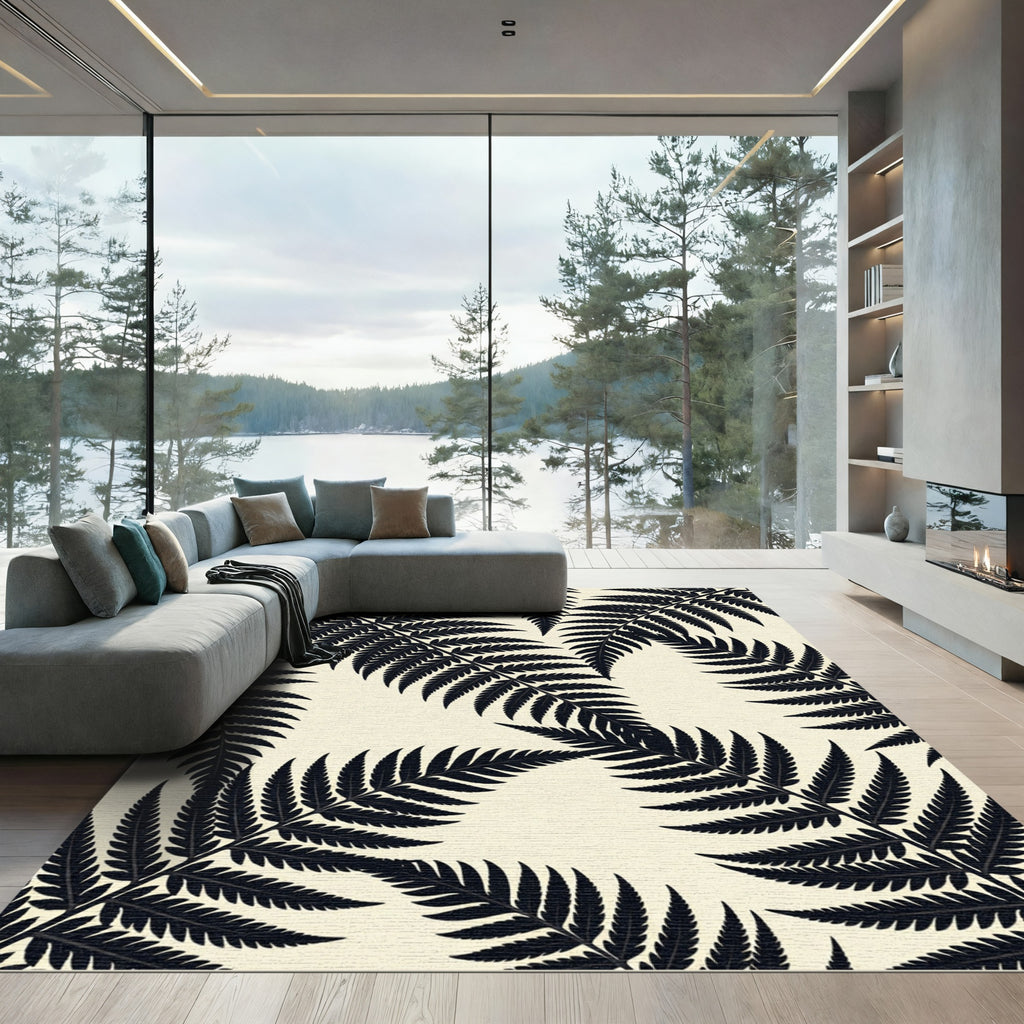 Black Fern Frond Botanical Arrangement Rug
