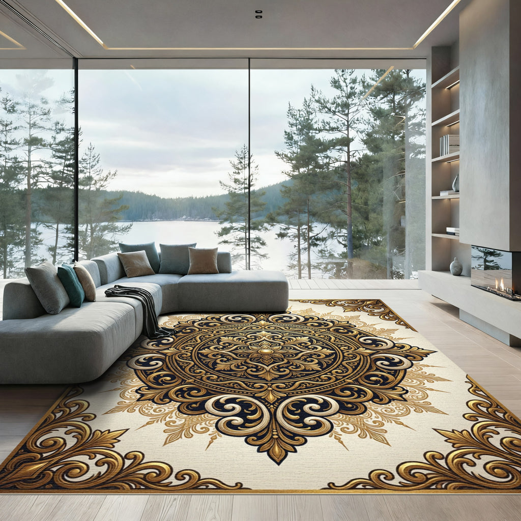ornate gold baroque circular medallion Rug