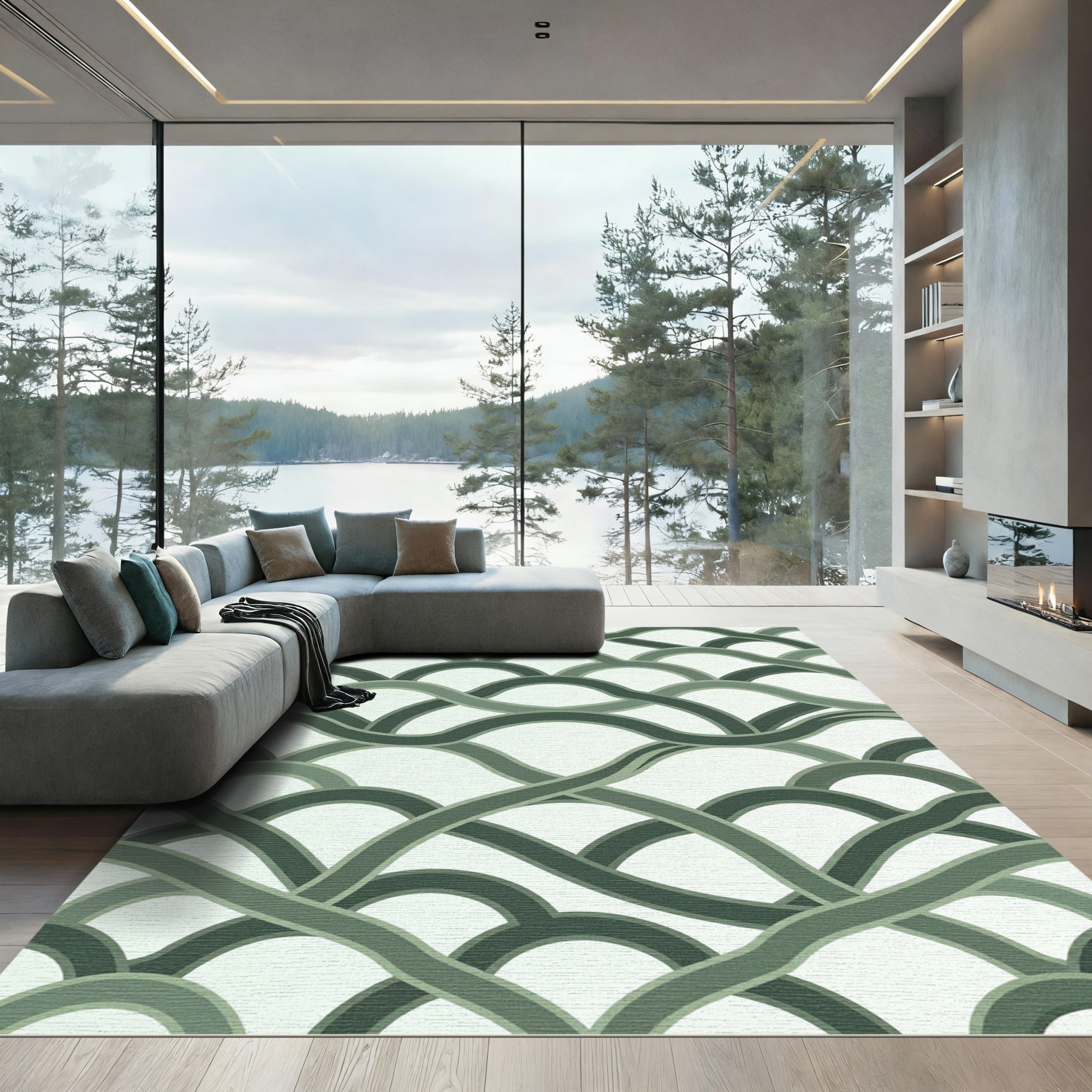 Sage Green Interlocking Wavy Arc Rug