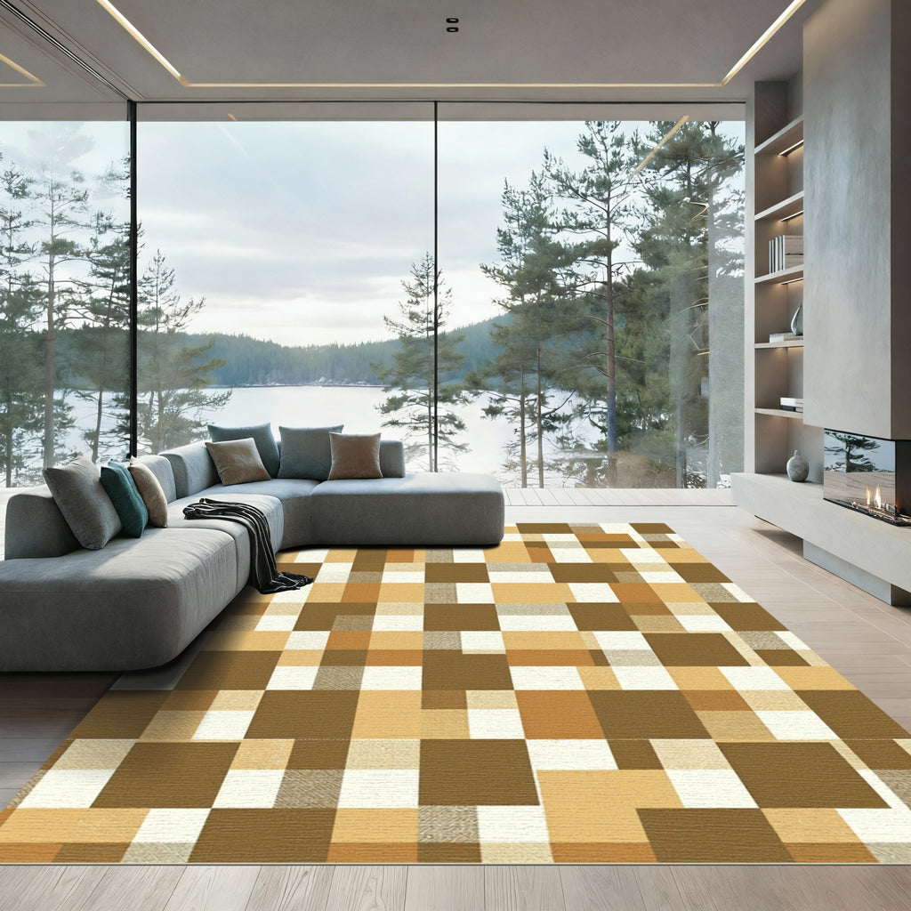 Earthy Toned Geometric Block Grid Rug