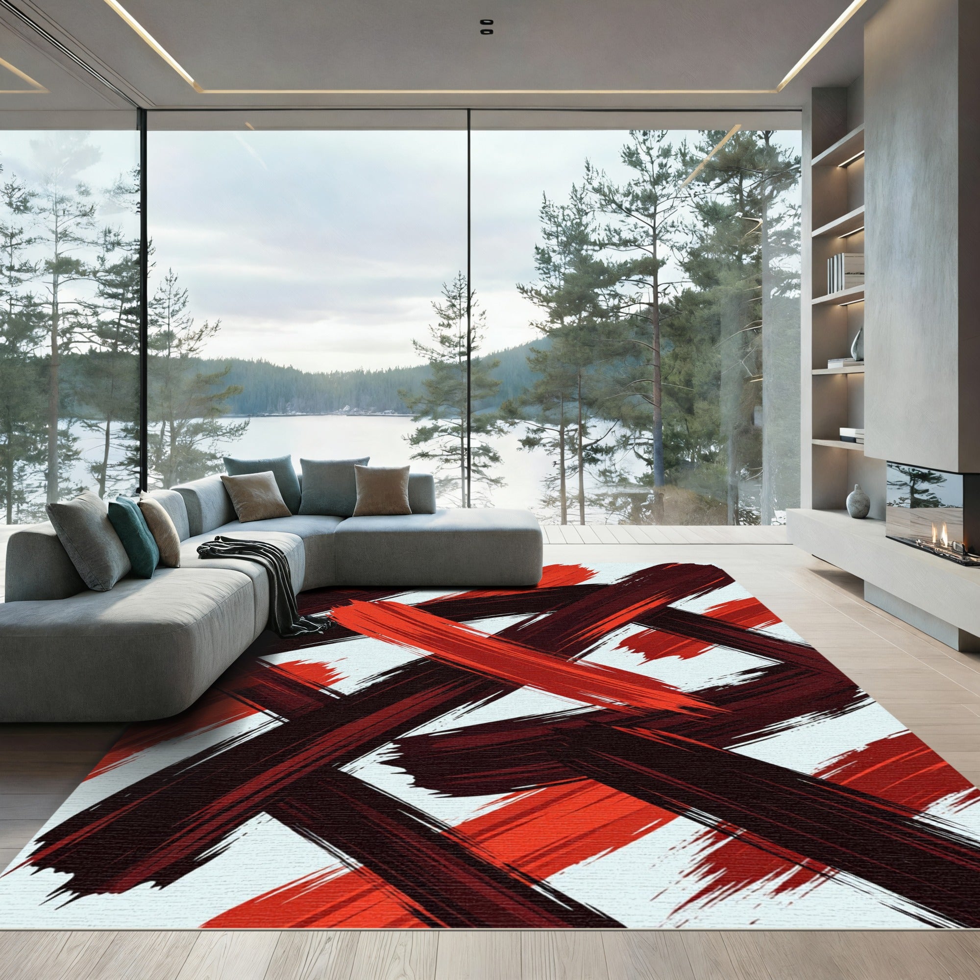 Crimson And Burgundy Brush Stroke Swirl Rug