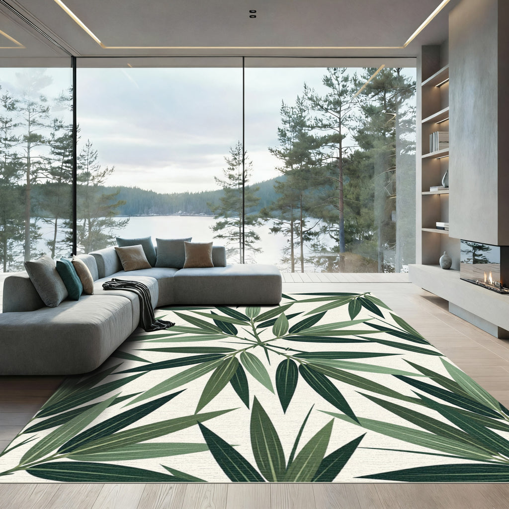 Lush Green Botanical Bamboo Leaf Rug